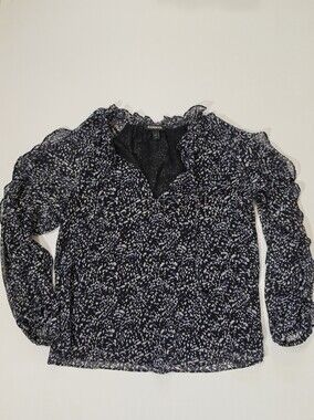 Express Cold Shoulder Blouse Womens XS Navy Blue White Abstract Business Casual